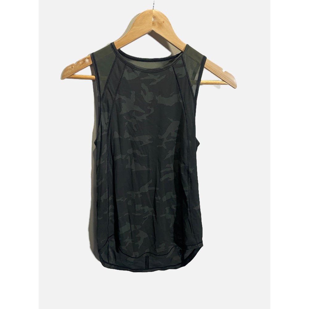 Lululemon Sculpt Tank Top Women 4 Green Camo Mesh Back Activewear Gym Workout